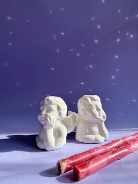 Vintage White Ceramic Cherub Candlesticks